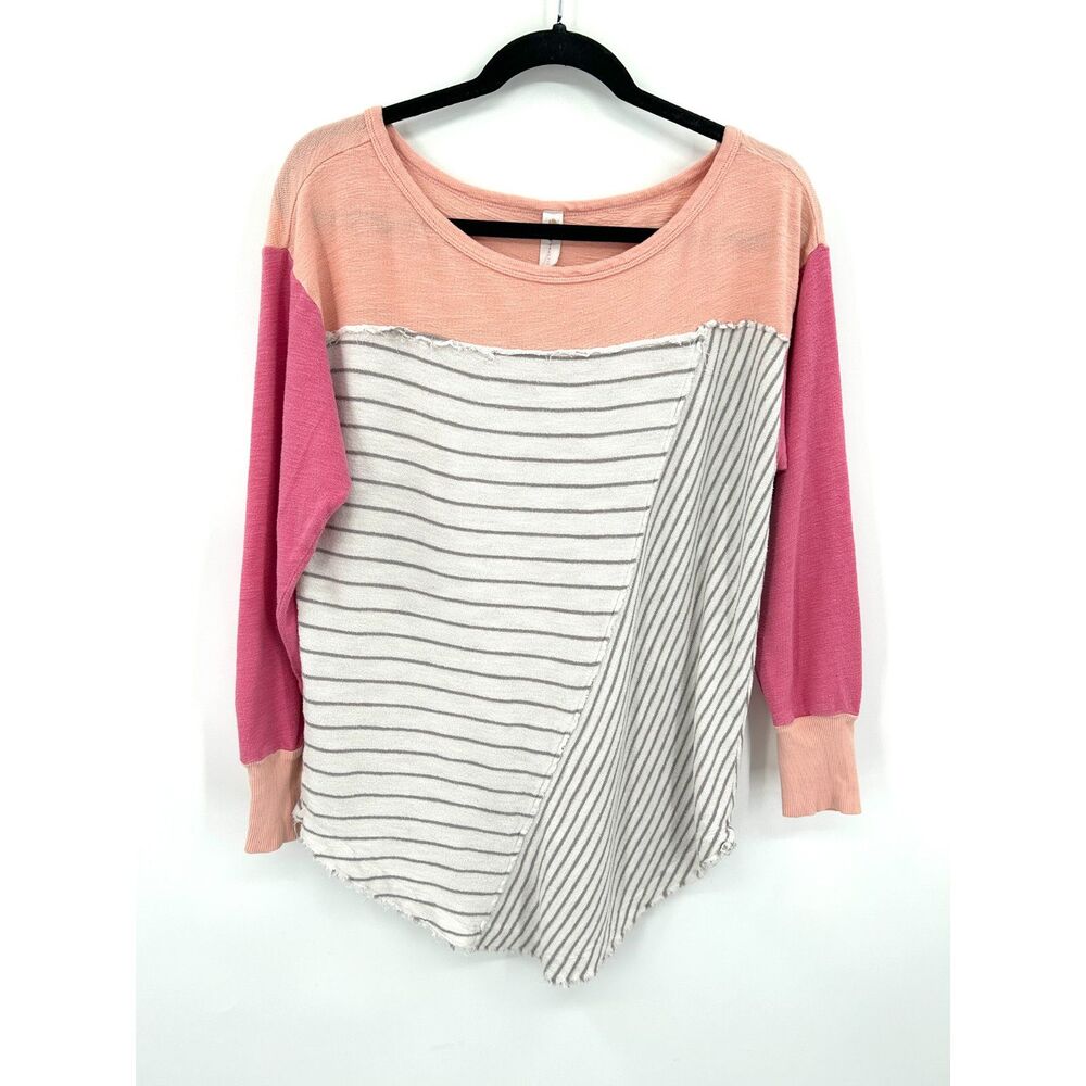 ANTHROPOLOGIE Daily Practice Pink Colorblock Striped Distressed Boho Top Size XS